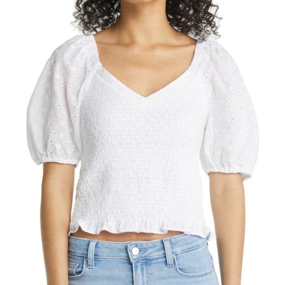 1.State Eyelet Smocked White Top (Size L) - Picture 1 of 7